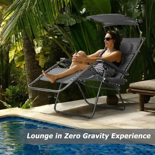Chaise longue pliante inclinable avec auvent pare-soleil et porte-gobelet - Grise