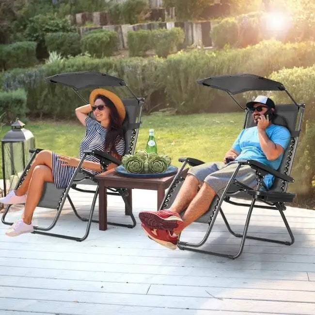 Chaise longue pliante inclinable avec auvent pare-soleil et porte-gobelet - Grise