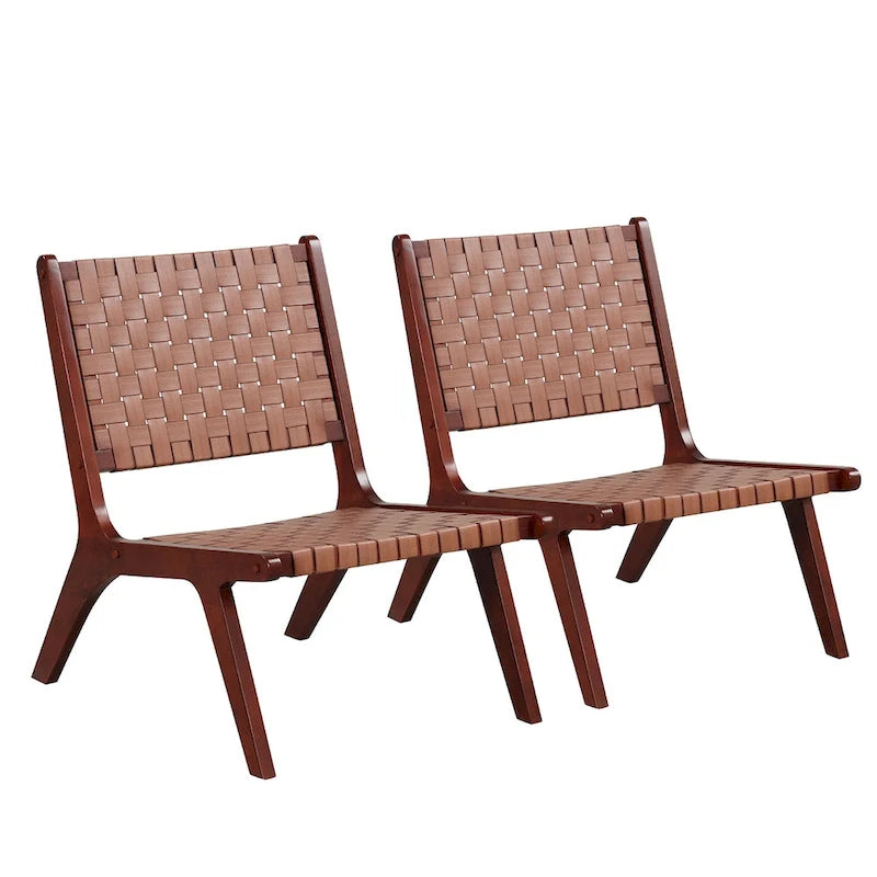 Fauteuils d'appoint en cuir tressé avec cadre en bois