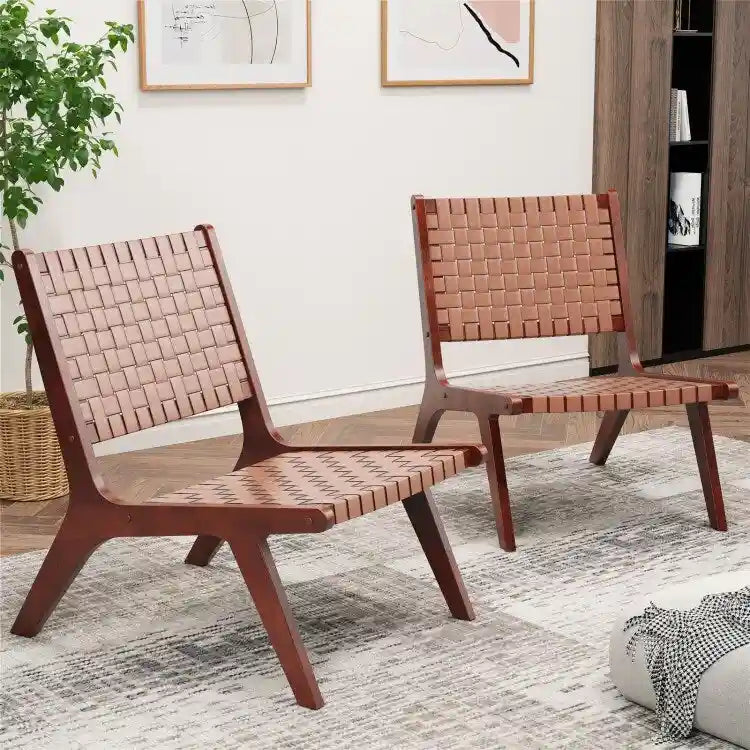 Fauteuils d'appoint en cuir tressé avec cadre en bois