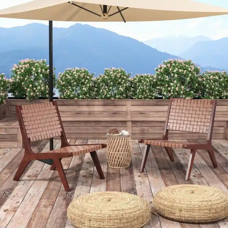 Fauteuils d'appoint en cuir tressé avec cadre en bois