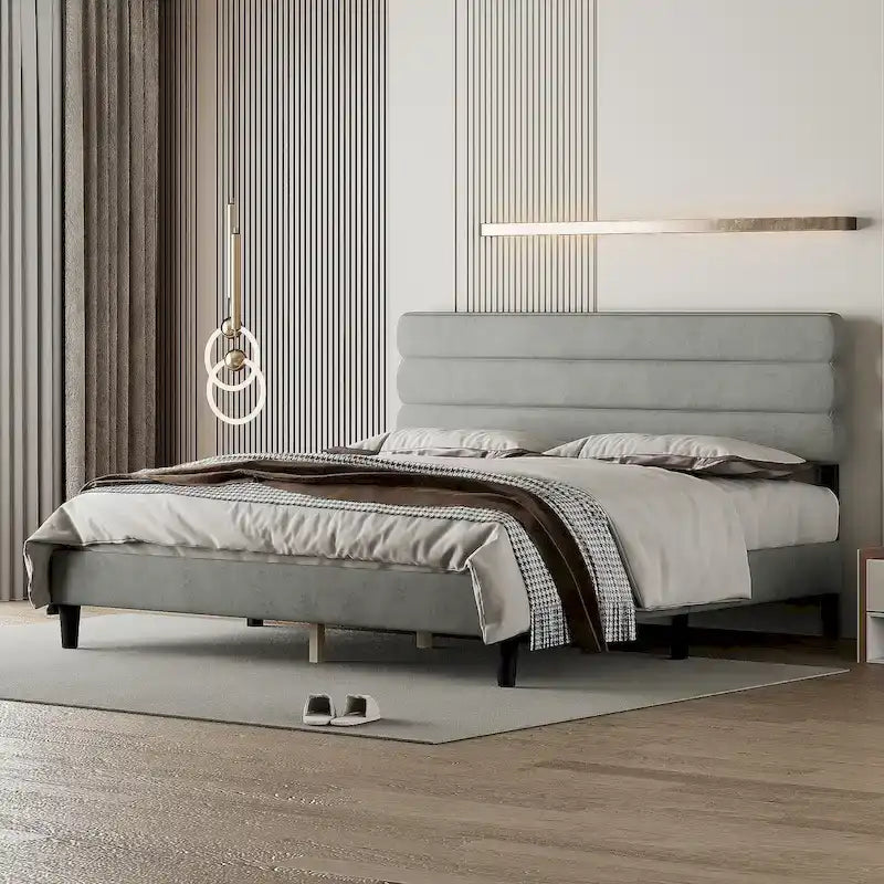 Cadre de lit King avec tête de lit, Lit plateforme robuste avec support à lattes en bois, Pas besoin de sommier tapissier, Foundation pour matelas, Montage facile