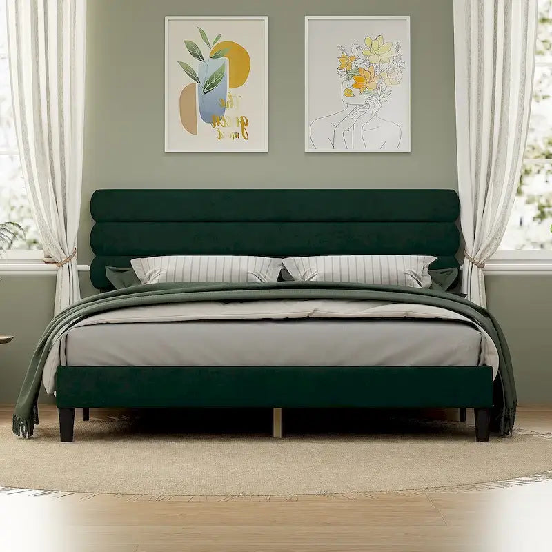 Cadre de lit King avec tête de lit, Lit plateforme robuste avec support à lattes en bois, Pas besoin de sommier tapissier, Foundation pour matelas, Montage facile