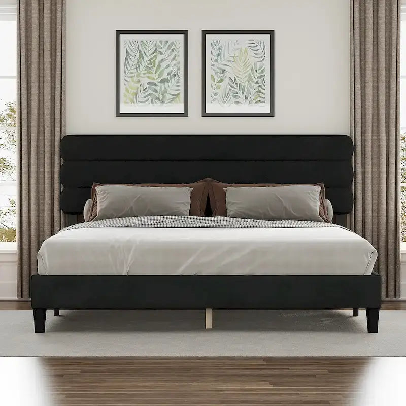 Cadre de lit King avec tête de lit, Lit plateforme robuste avec support à lattes en bois, Pas besoin de sommier tapissier, Foundation pour matelas, Montage facile