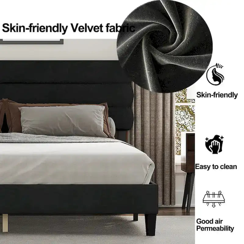 Cadre de lit King avec tête de lit, Lit plateforme robuste avec support à lattes en bois, Pas besoin de sommier tapissier, Foundation pour matelas, Montage facile