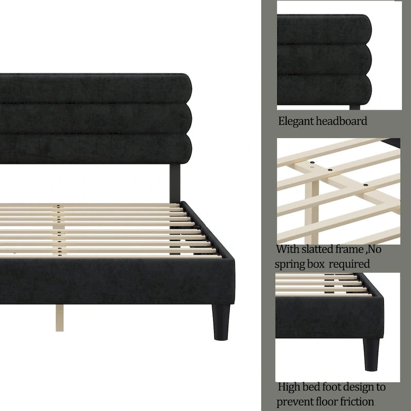 Cadre de lit King avec tête de lit, Lit plateforme robuste avec support à lattes en bois, Pas besoin de sommier tapissier, Foundation pour matelas, Montage facile
