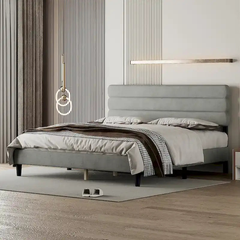 Cadre de lit King avec tête de lit, Lit plateforme robuste avec support à lattes en bois, Pas besoin de sommier tapissier, Foundation pour matelas, Montage facile