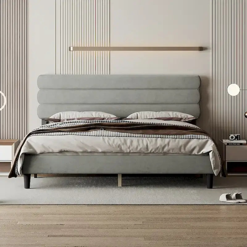 Cadre de lit King avec tête de lit, Lit plateforme robuste avec support à lattes en bois, Pas besoin de sommier tapissier, Foundation pour matelas, Montage facile