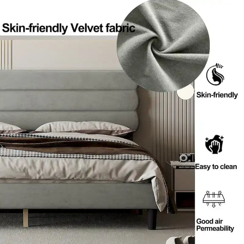 Cadre de lit King avec tête de lit, Lit plateforme robuste avec support à lattes en bois, Pas besoin de sommier tapissier, Foundation pour matelas, Montage facile