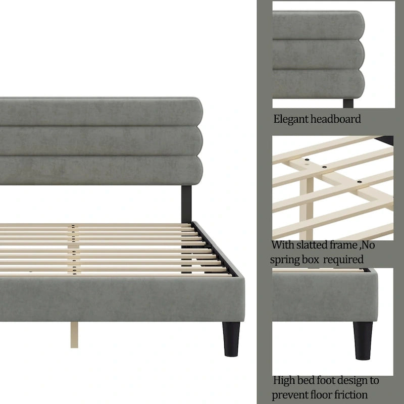 Cadre de lit King avec tête de lit, Lit plateforme robuste avec support à lattes en bois, Pas besoin de sommier tapissier, Foundation pour matelas, Montage facile