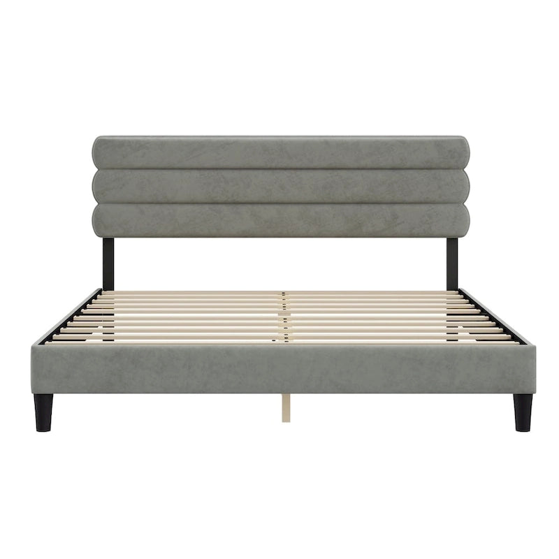 Cadre de lit King avec tête de lit, Lit plateforme robuste avec support à lattes en bois, Pas besoin de sommier tapissier, Foundation pour matelas, Montage facile