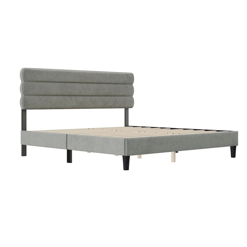 Cadre de lit King avec tête de lit, Lit plateforme robuste avec support à lattes en bois, Pas besoin de sommier tapissier, Foundation pour matelas, Montage facile