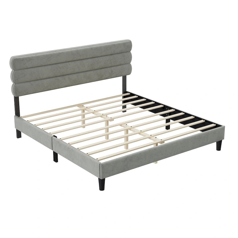 Cadre de lit King avec tête de lit, Lit plateforme robuste avec support à lattes en bois, Pas besoin de sommier tapissier, Foundation pour matelas, Montage facile
