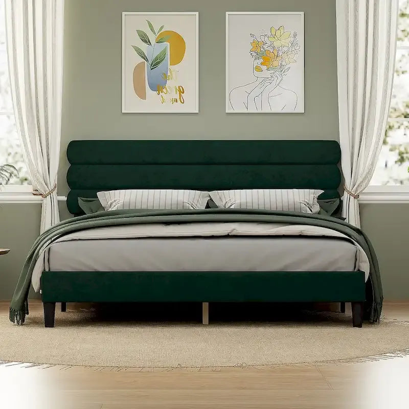 Cadre de lit King avec tête de lit, Lit plateforme robuste avec support à lattes en bois, Pas besoin de sommier tapissier, Foundation pour matelas, Montage facile