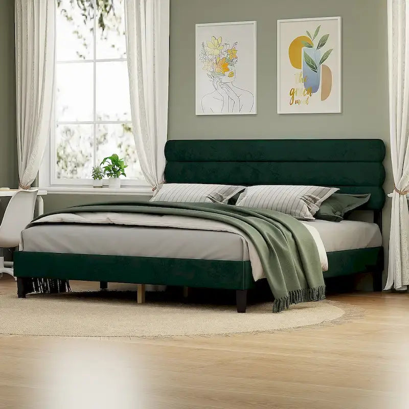 Cadre de lit King avec tête de lit, Lit plateforme robuste avec support à lattes en bois, Pas besoin de sommier tapissier, Foundation pour matelas, Montage facile