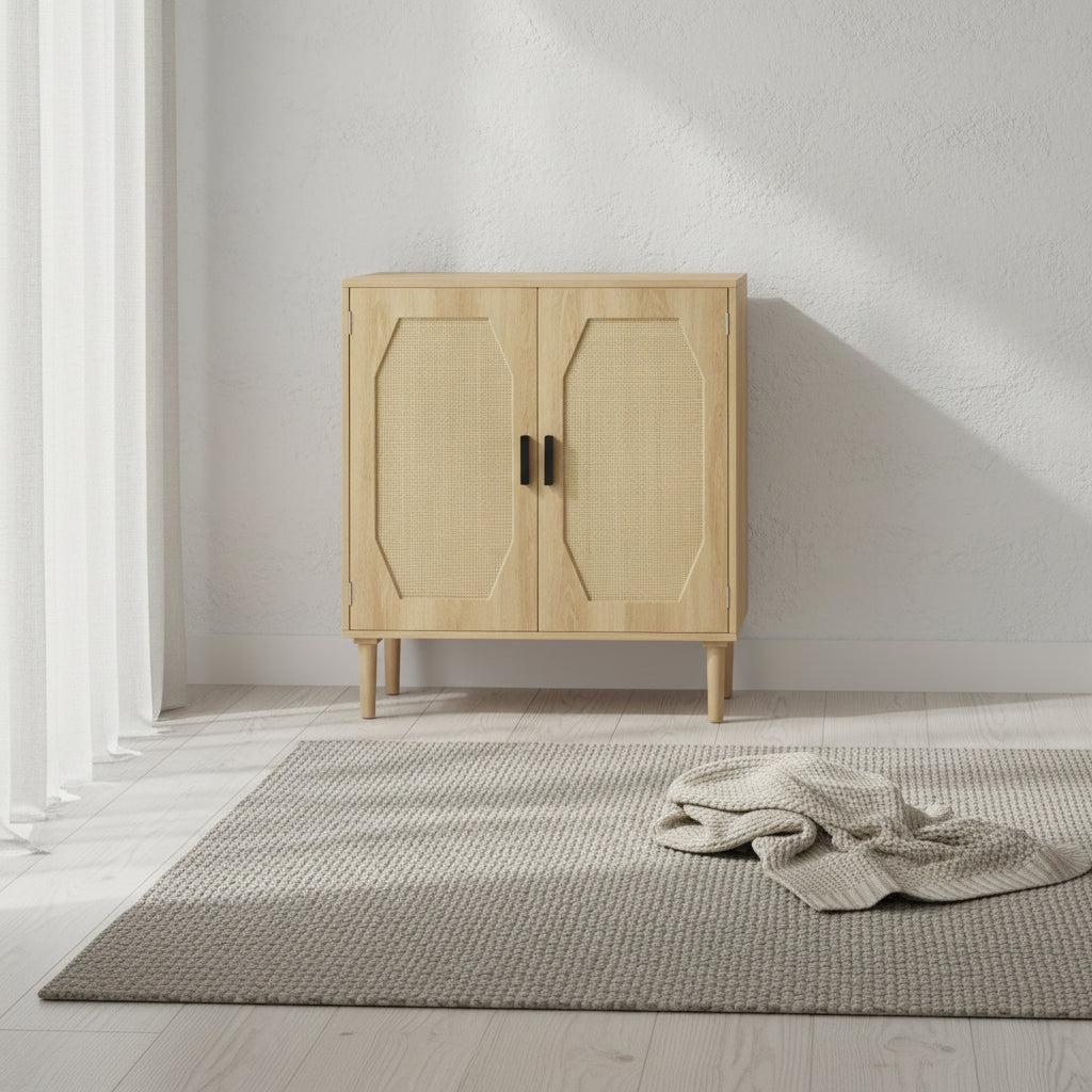Meuble de rangement rustique avec 2 portes en rotin
