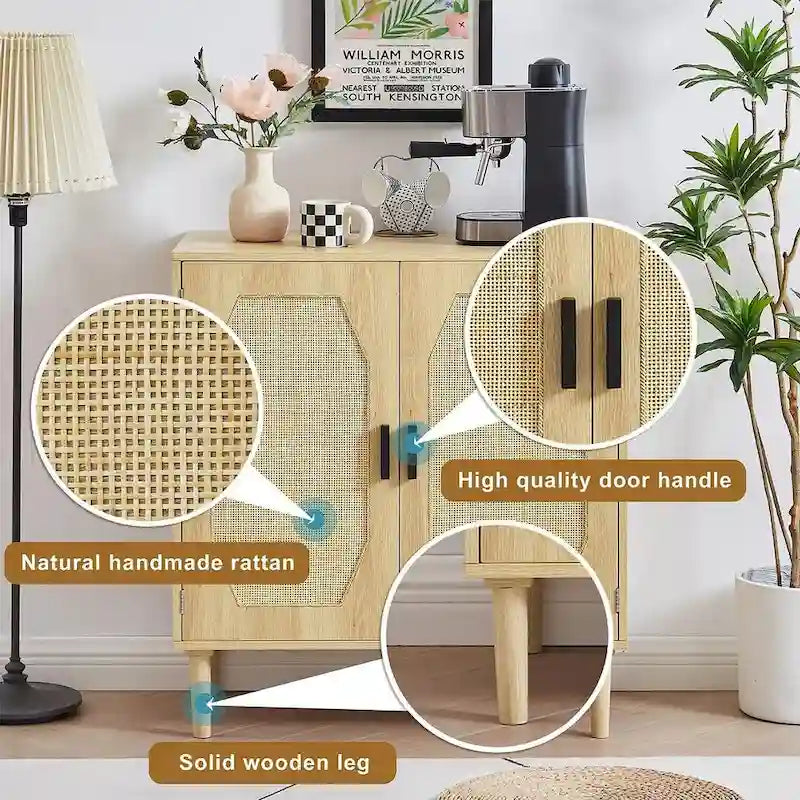 Meuble de rangement rustique avec 2 portes en rotin