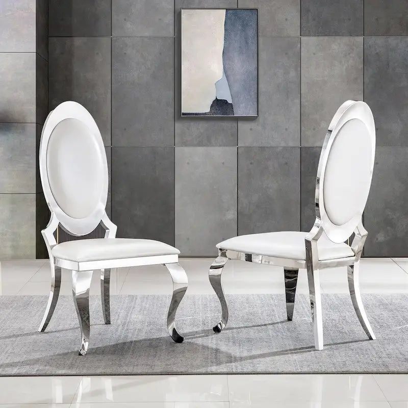Chaises de salle à manger de luxe en cuir PU blanc avec pieds cabrioles argentés effet miroir