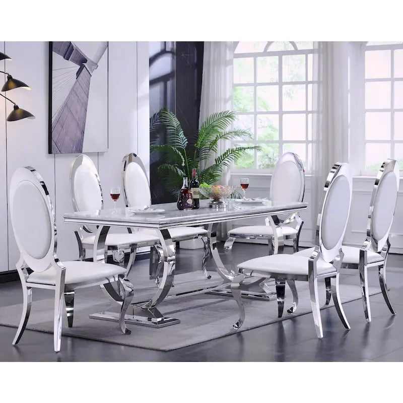 Chaises de salle à manger de luxe en cuir PU blanc avec pieds cabrioles argentés effet miroir