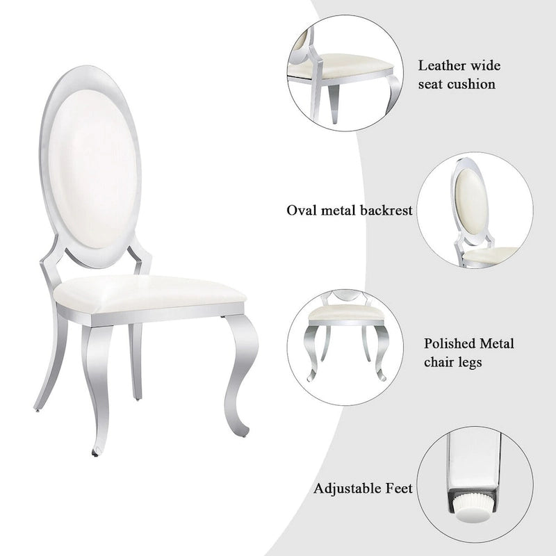 Chaises de salle à manger de luxe en cuir PU blanc avec pieds cabrioles argentés effet miroir