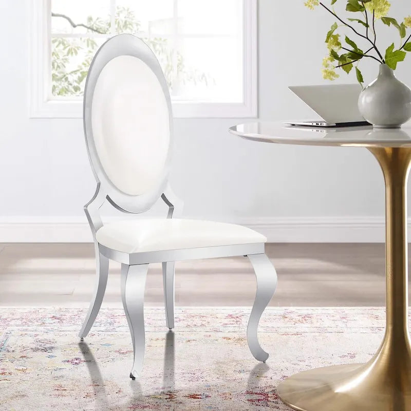 Chaises de salle à manger de luxe en cuir PU blanc avec pieds cabrioles argentés effet miroir