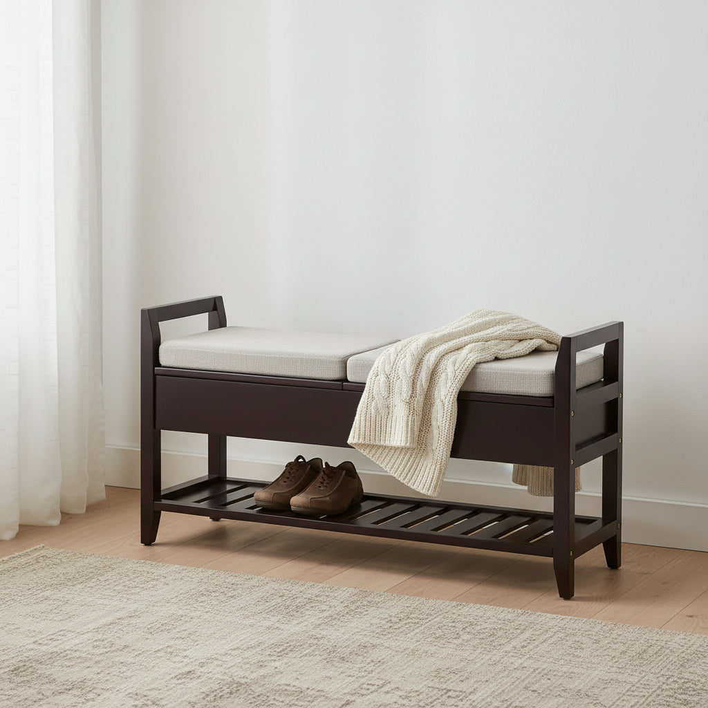 Fabric Upholstery Storage Shoe Bench with Shelf and Lifted Up Seats