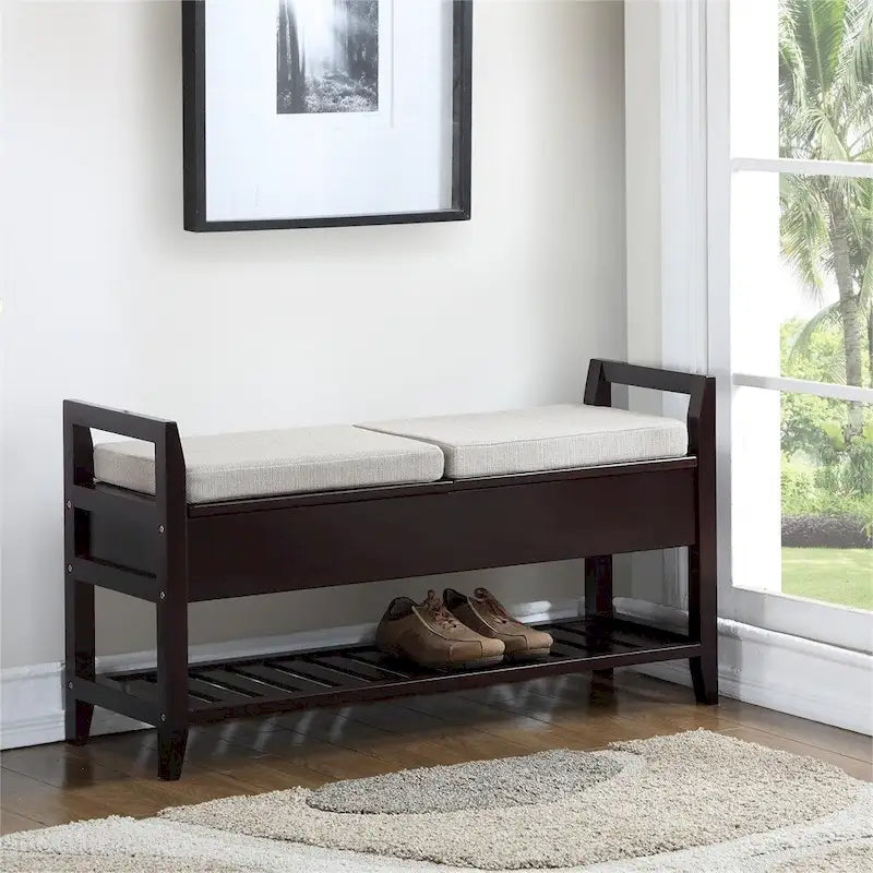 Banc à chaussures rembourré en tissu avec étagère et sièges relevables