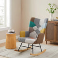 Fauteuil à bascule de puériculture capitonné en lin avec patchwork français large de 25,2 po et pieds en bois