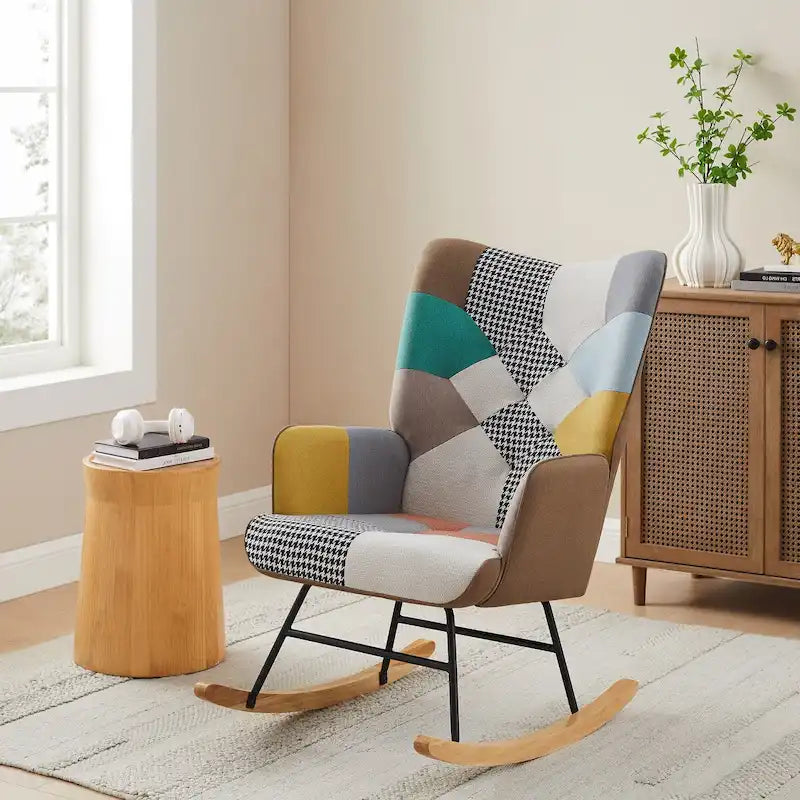Fauteuil à bascule de puériculture capitonné en lin avec patchwork français large de 25,2 po et pieds en bois