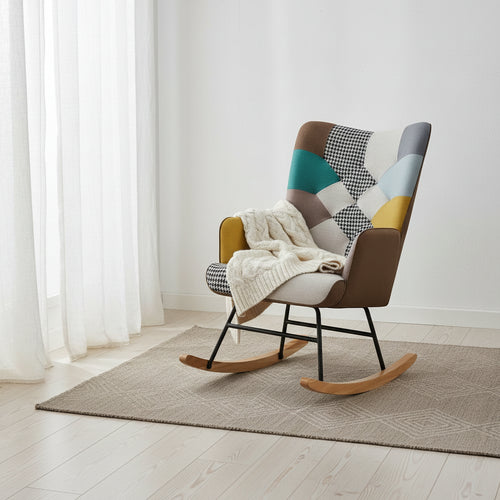 VANOMi 25.2 Wide French Patchwork Linen Upholstered Nursery Rocking Chair with Wood Legs