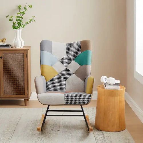 25.2 Wide French Patchwork Linen Upholstered Nursery Rocking Chair with Wood Legs