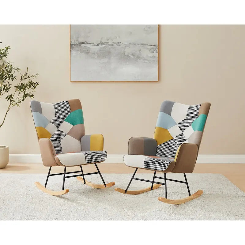 Fauteuil à bascule de puériculture capitonné en lin avec patchwork français large de 25,2 po et pieds en bois