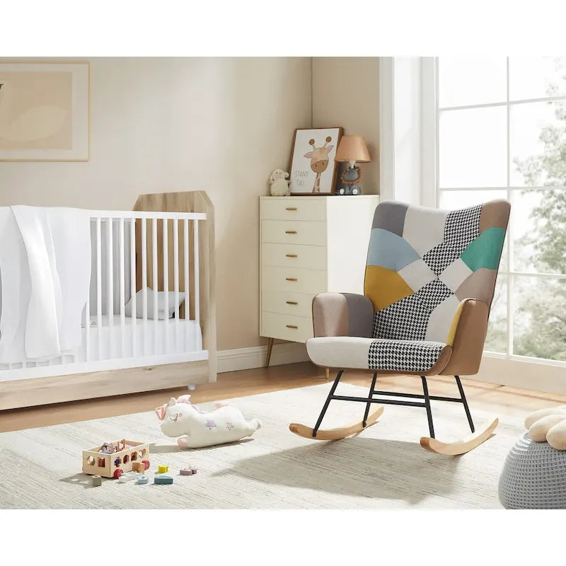 Fauteuil à bascule de puériculture capitonné en lin avec patchwork français large de 25,2 po et pieds en bois