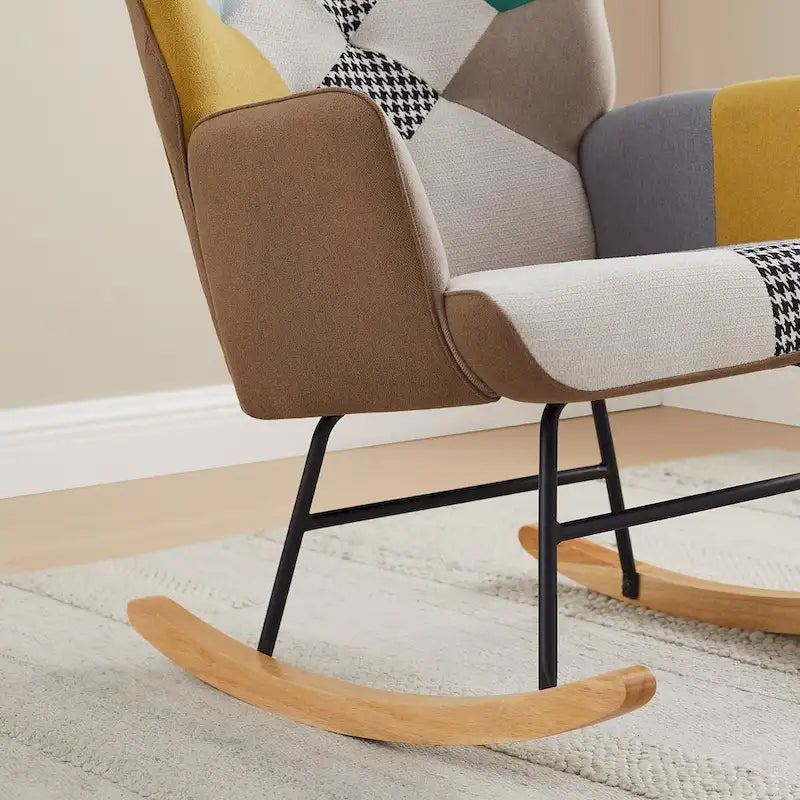 Fauteuil à bascule de puériculture capitonné en lin avec patchwork français large de 25,2 po et pieds en bois