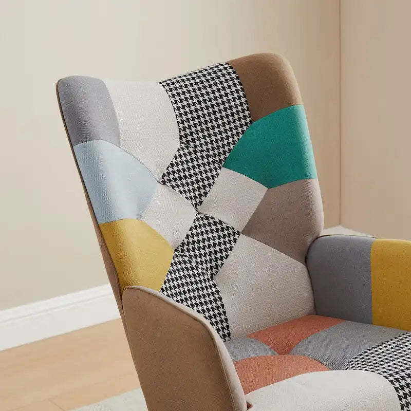 Fauteuil à bascule de puériculture capitonné en lin avec patchwork français large de 25,2 po et pieds en bois