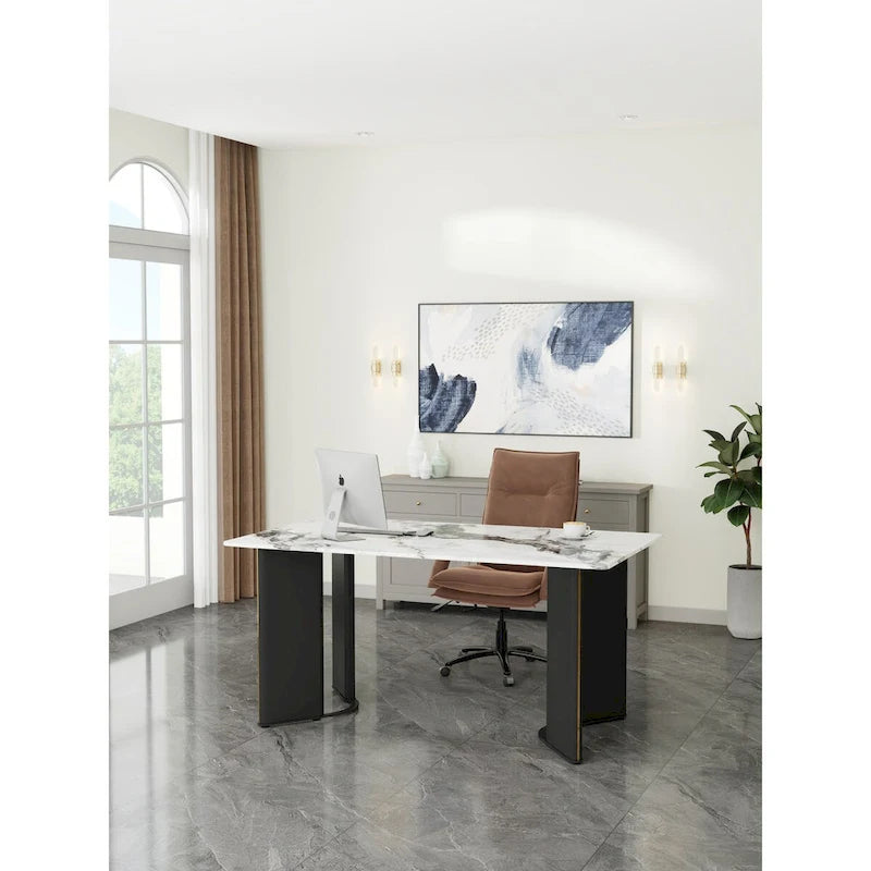 table de salle à manger rectangulaire, plateau en imitation marbre blanc, pieds de table en MDF avec bandes décoratives en métal doré