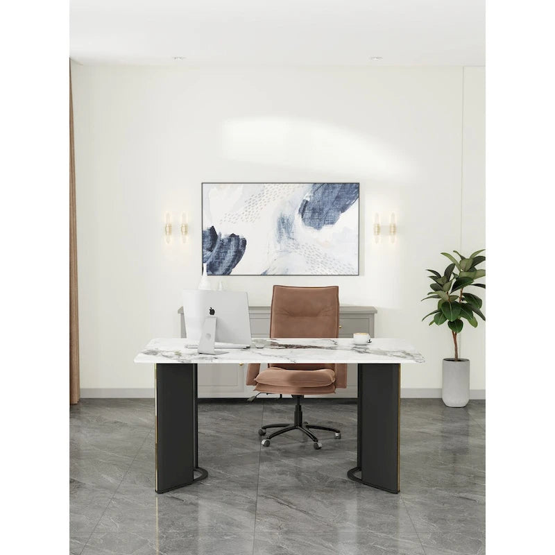 table de salle à manger rectangulaire, plateau en imitation marbre blanc, pieds de table en MDF avec bandes décoratives en métal doré