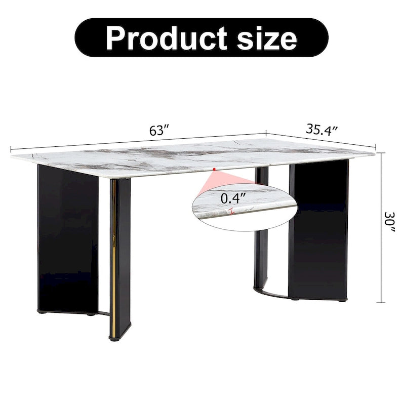 table de salle à manger rectangulaire, plateau en imitation marbre blanc, pieds de table en MDF avec bandes décoratives en métal doré