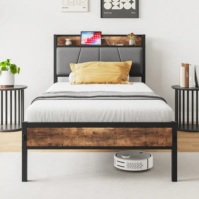 Tête de lit de rangement pour lit jumeau avec station de recharge, montage facile