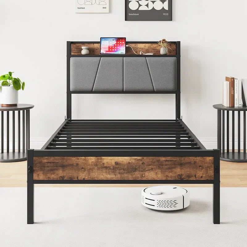 Tête de lit de rangement pour lit jumeau avec station de recharge, montage facile