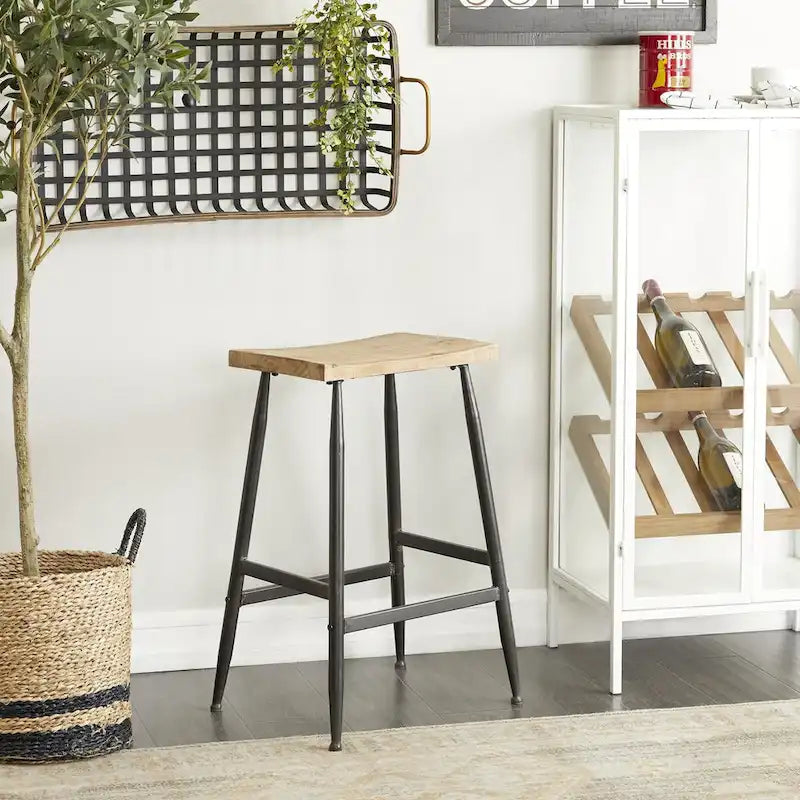 Tabouret de comptoir en métal avec plateau en bois marron - Noir
